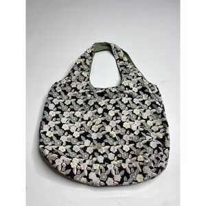 VTG Floral Hangbag Tote Green/Pink/Black 15x20" Cottagecore 90s Feminine Fairy